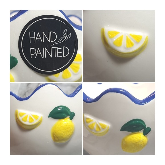 Luna & Sage Set of 2 Lemon Theme Bowls With Blue Scallop Rim Kitchen Dinnerware - Picture 3 of 10